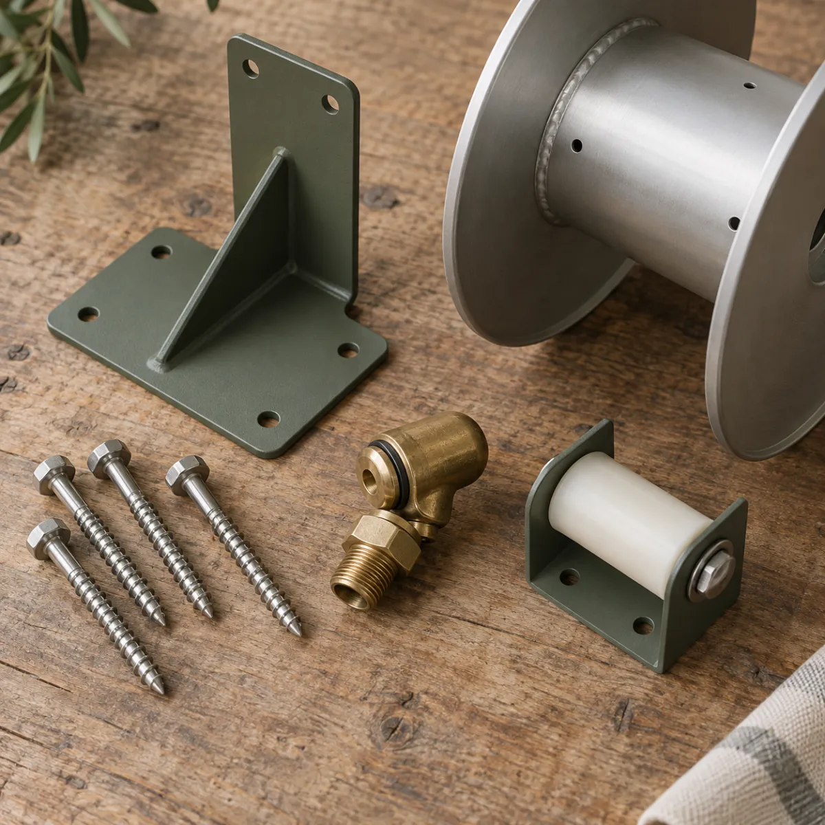 Close-up of powder-coated steel and aluminum garden hose holder parts, screws and a hose guide roller