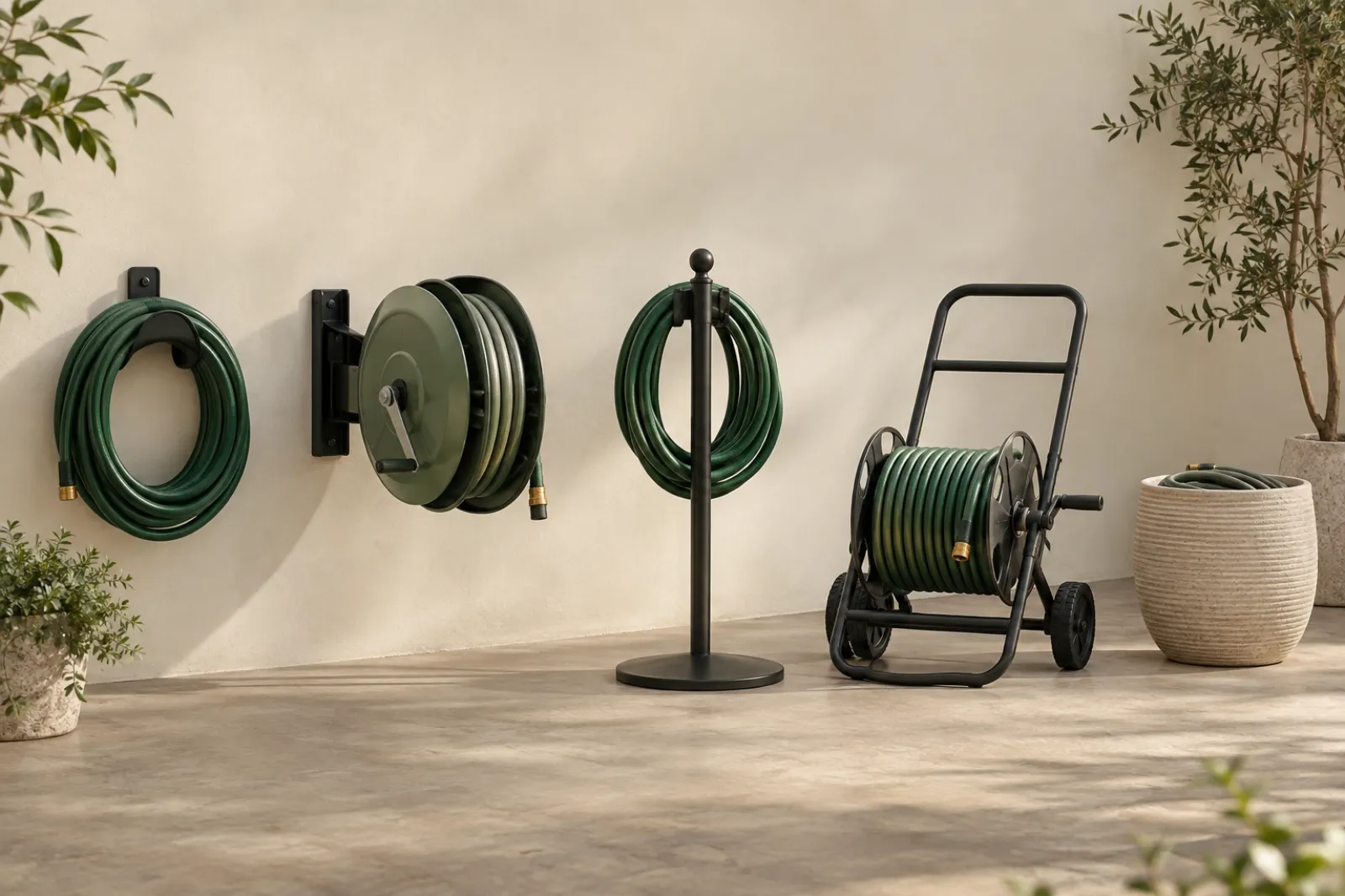 Four garden hose holder types side by side: hanger, wall reel, freestanding stand and reel cart