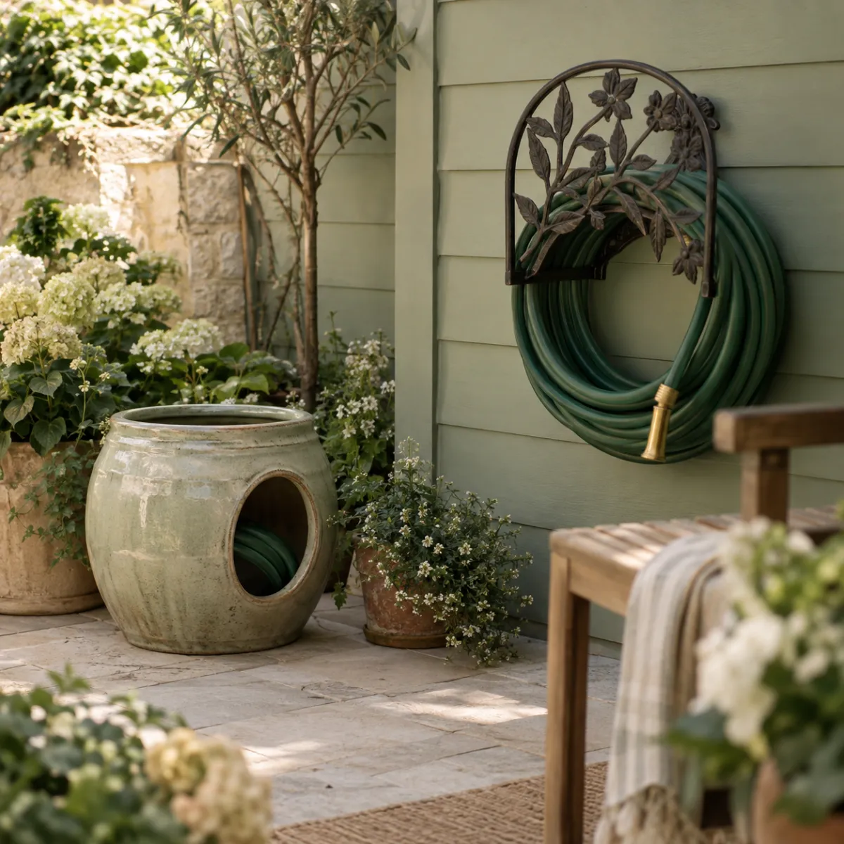 Decorative cast iron hose holder with leaf motif and a ceramic hose pot on a small patio