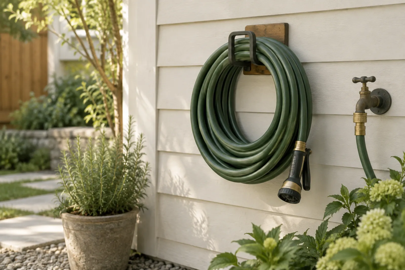 Garden hose coiled in wide loops on a holder next to a spigot and nozzle
