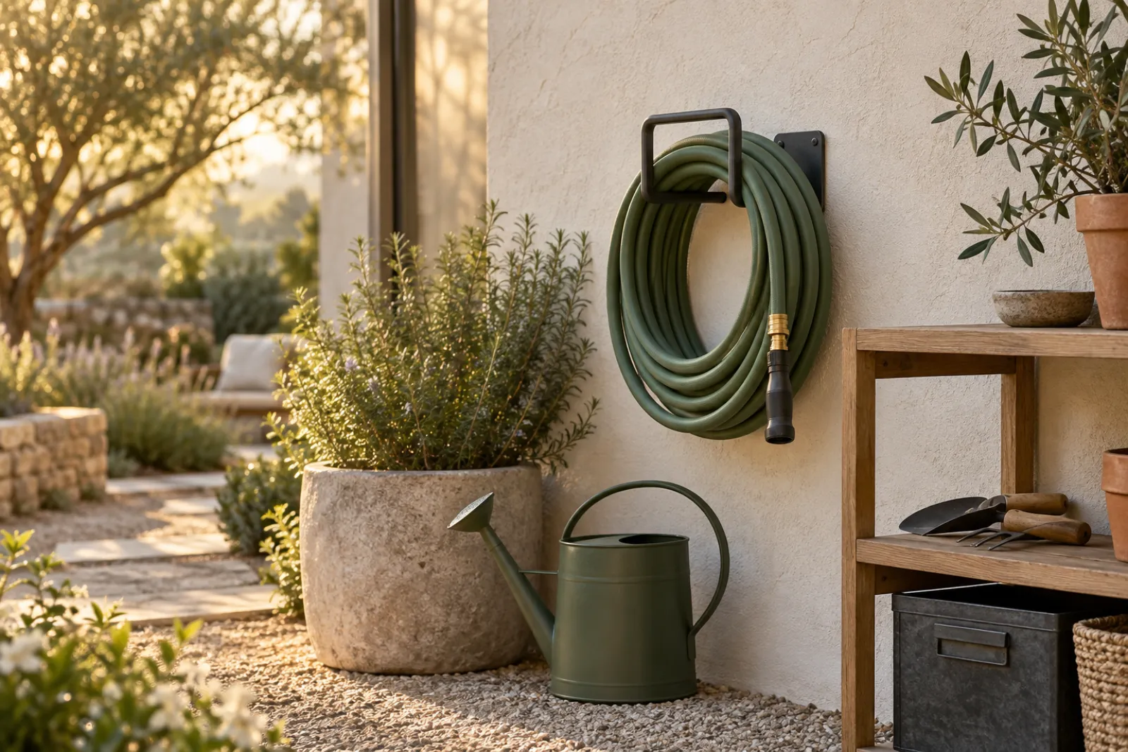 Organized backyard corner with the garden hose stored on a holder and garden tools in place