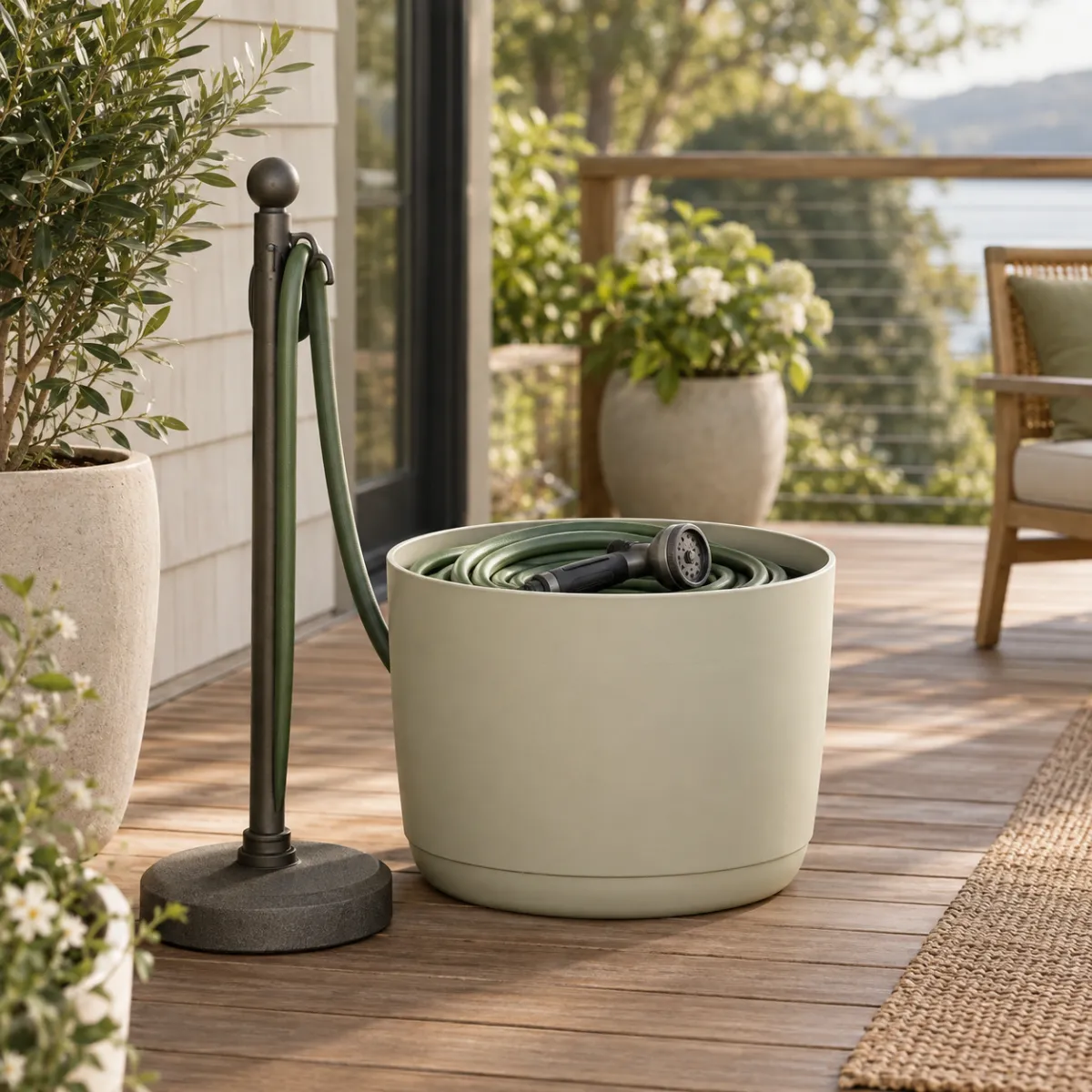 Freestanding no-drill hose stand and a resin hose pot on a wooden deck