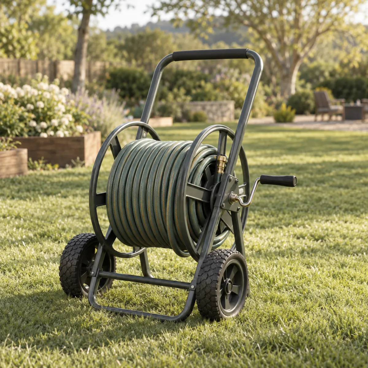 Wheeled garden hose reel cart with a crank handle standing on a large lawn