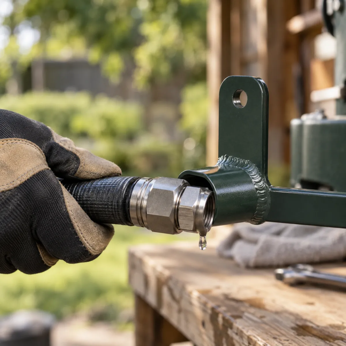 Hands checking a hose reel swivel fitting for leaks and inspecting a bracket for rust