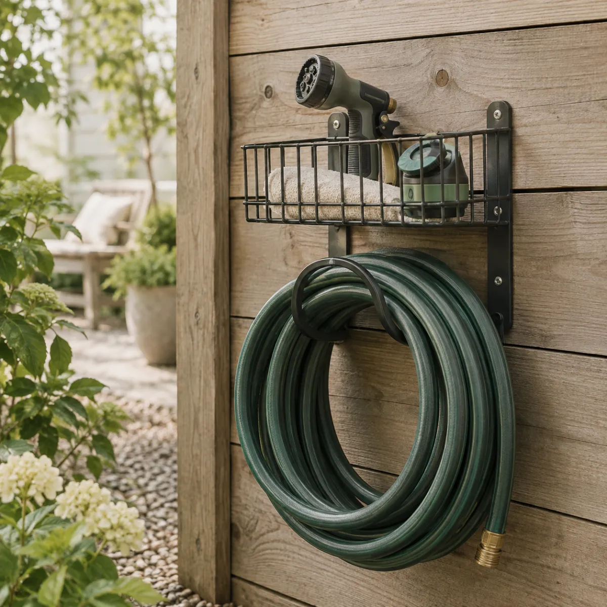 Steel hose hanger and rack mounted on a wooden fence with a nozzle basket on top