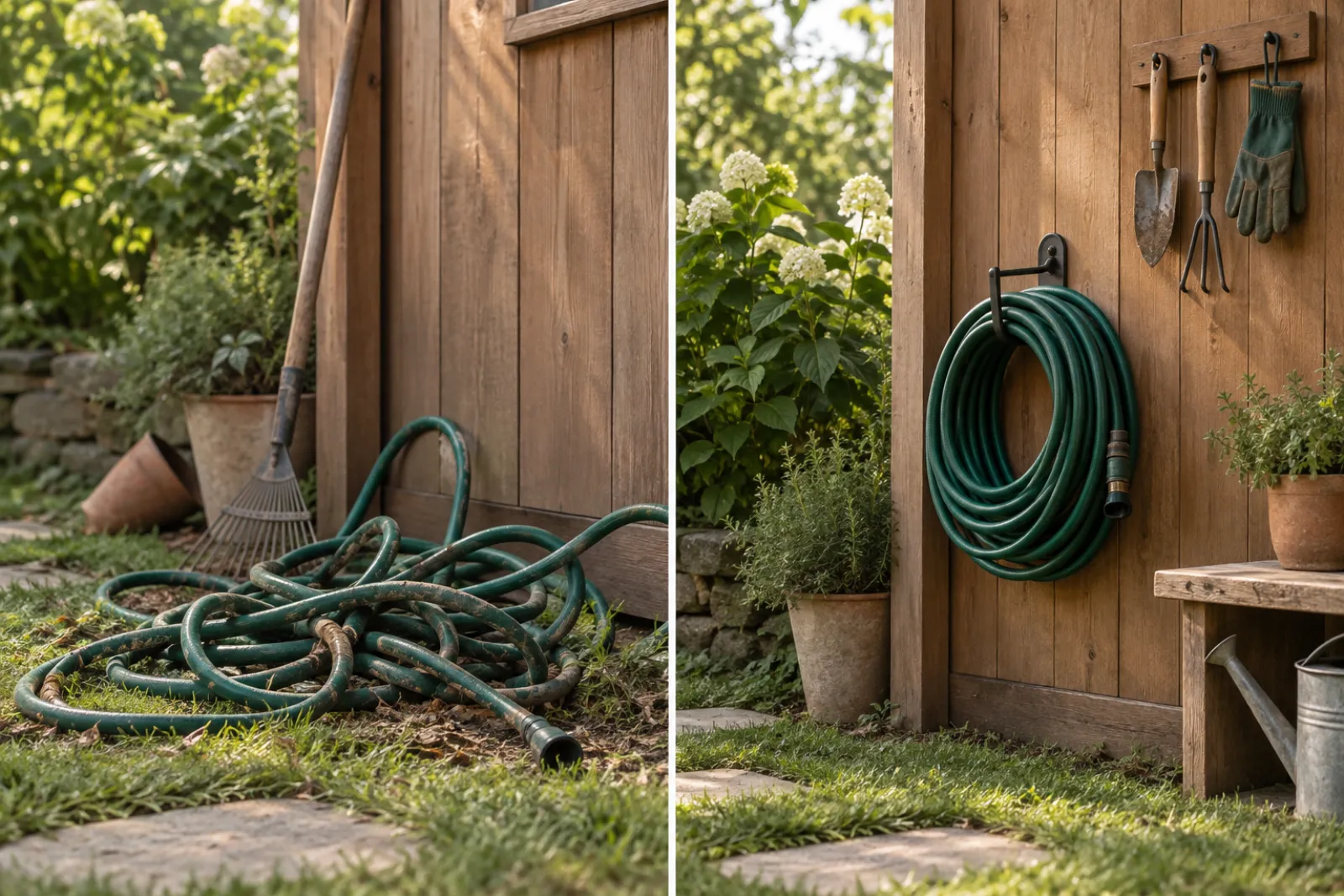 Before and after: a tangled garden hose on the lawn next to the same hose stored on a holder